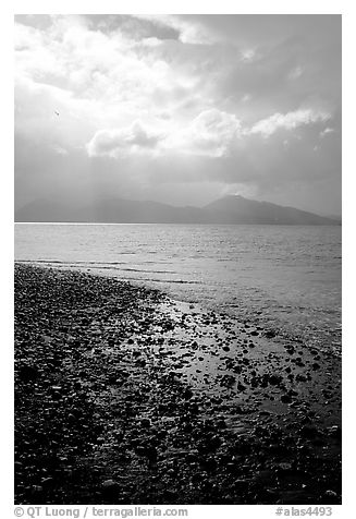 Katchemak Bay from the Spit, Kenai Mountains in the backgound. Homer, Alaska, USA (black and white)