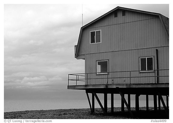 Watefront house on stilts on the Spit. Homer, Alaska, USA