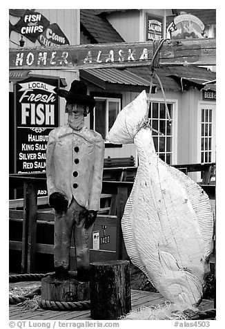 Halibut fishing sculpture on the Spit. Homer, Alaska, USA