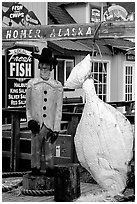 Halibut fishing sculpture on the Spit. Homer, Alaska, USA (black and white)