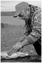 Fisherman preparing a salmon freshly caught in the Fishing Hole. Homer, Alaska, USA (black and white)