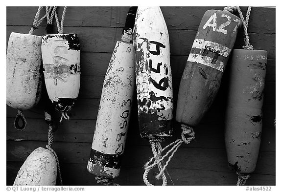 Buoys hanging on the side of a boat. Homer, Alaska, USA