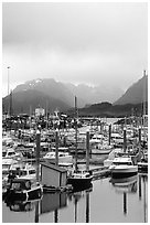 Small Boat Harbor on the Spit with Kenai Mountains in the backgound. Homer, Alaska, USA (black and white)