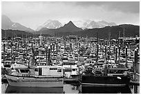 Small Boat Harbour on the Spit with Kenai Mountains in the backgound. Homer, Alaska, USA ( black and white)