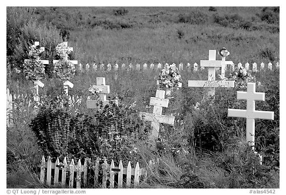 Russian orthodox cemetery. Ninilchik, Alaska, USA (black and white)