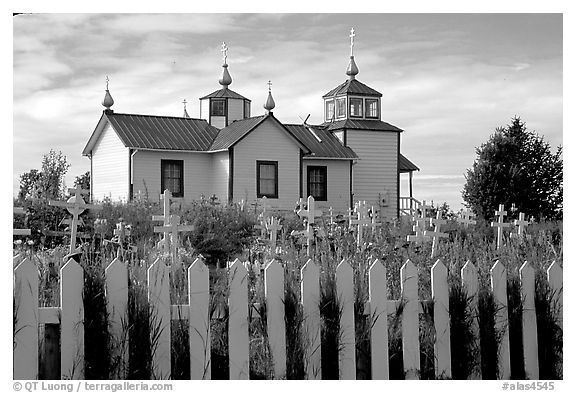 Picket Fence and old Russian church. Ninilchik, Alaska, USA (black and white)