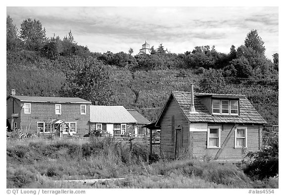 Old wooden houses in  village. Ninilchik, Alaska, USA (black and white)