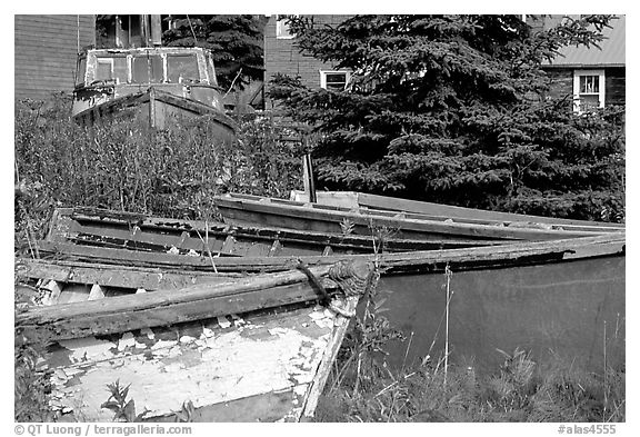 Fishing boats in old  village. Ninilchik, Alaska, USA (black and white)