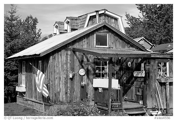 Wooden cabin in old  village. Ninilchik, Alaska, USA (black and white)