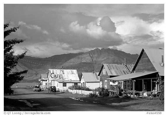 Village main street and Turnaigan Arm. Hope,  Alaska, USA (black and white)