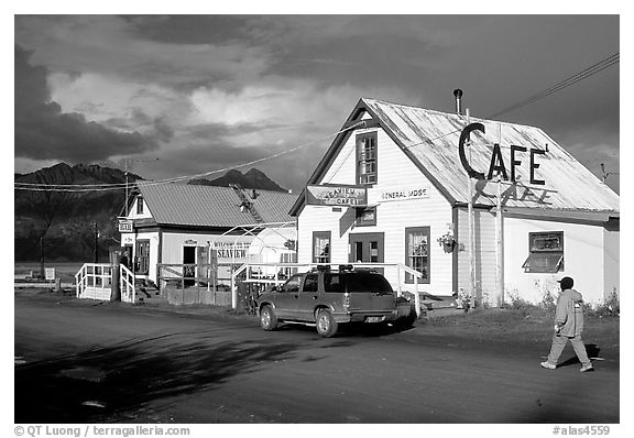The tiny village's main street. Hope,  Alaska, USA (black and white)