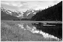 Chugatch Mountains reflected in pond near Portage. Alaska, USA ( black and white)