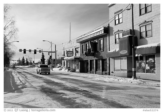 Downtown street in winter. Fairbanks, Alaska, USA (black and white)