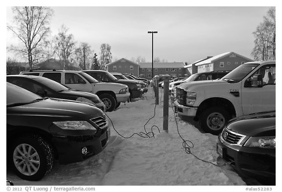 Cars with block engine heaters connected to plugs. Fairbanks, Alaska, USA (black and white)