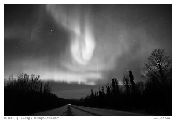 Aurora curtains above road. Alaska, USA (black and white)