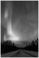 Road with northern lights above. Alaska, USA (black and white)