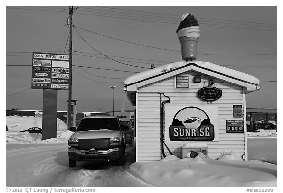 Drive through coffee shop. Fairbanks, Alaska, USA (black and white)
