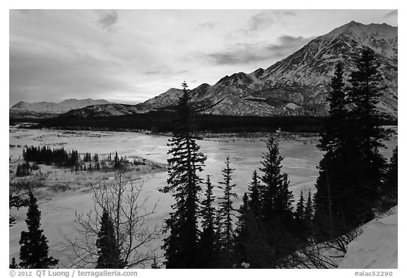 Winter sunset over Nenana River. Alaska, USA