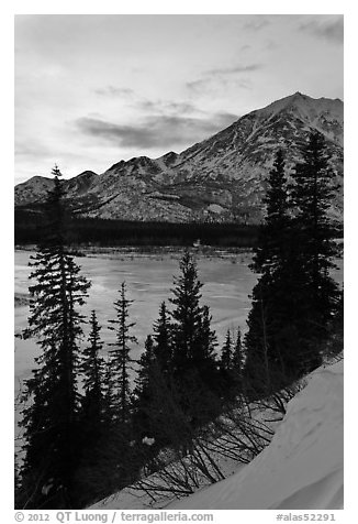 Frozen Nenana River at sunset. Alaska, USA (black and white)