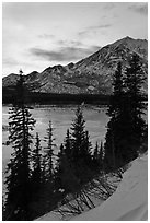 Frozen Nenana River at sunset. Alaska, USA (black and white)