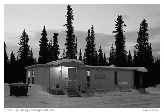 Post office at dusk, Cantwell. Alaska, USA (black and white)