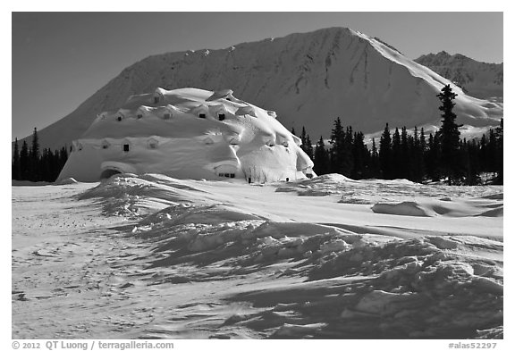 Winter landscape with igloo-shaped building. Alaska, USA