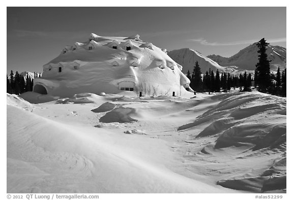 Igloo-shaped building in snowy landscape. Alaska, USA (black and white)