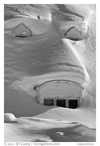 Windows on snow-covered roof. Alaska, USA (black and white)