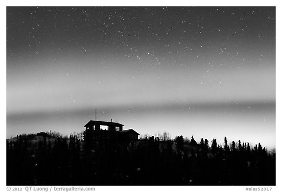 House and Northern Lights filled sky. Alaska, USA (black and white)