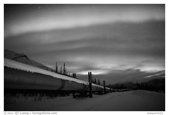 Trans Alaska Oil Pipeline at night with Northern Lights. Alaska, USA