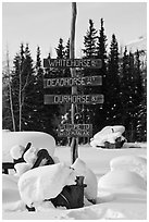 Signs in winter. Wiseman, Alaska, USA ( black and white)