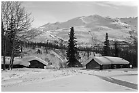 Cabins and winter landscape. Wiseman, Alaska, USA (black and white)