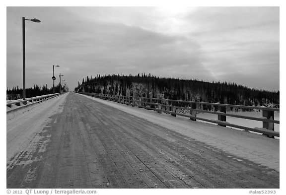 Long wooden bridge across Yukon River. Alaska, USA