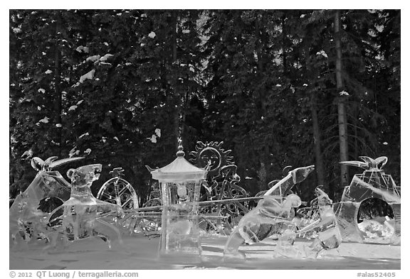 Ice scultpures, World Ice Art Championships. Fairbanks, Alaska, USA (black and white)