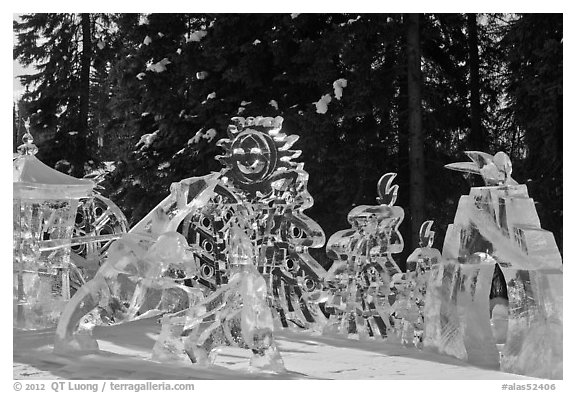 Multiblock Ice scultpures, Ice Alaska. Fairbanks, Alaska, USA (black and white)