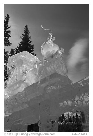 Massive locomotive ice sculpture at World Ice Art Championships. Fairbanks, Alaska, USA (black and white)