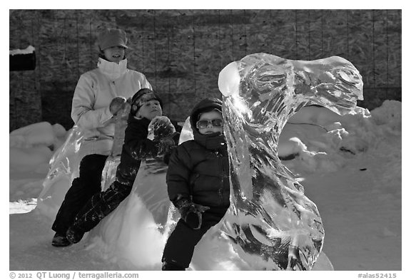 Family riding camel carved out of ice. Fairbanks, Alaska, USA