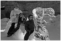 Family riding camel carved out of ice. Fairbanks, Alaska, USA (black and white)