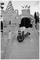 Girl on ice slide, Ice Alaska. Fairbanks, Alaska, USA (black and white)