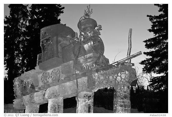 Illuminated locomotive ice sculpture, World Ice Art Championships. Fairbanks, Alaska, USA (black and white)