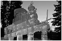 Illuminated locomotive ice sculpture, World Ice Art Championships. Fairbanks, Alaska, USA ( black and white)