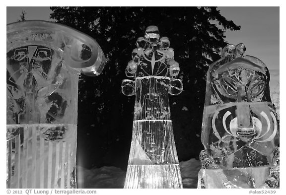 Illuminated ice sculptures, 2012 World Ice Art Championships. Fairbanks, Alaska, USA (black and white)