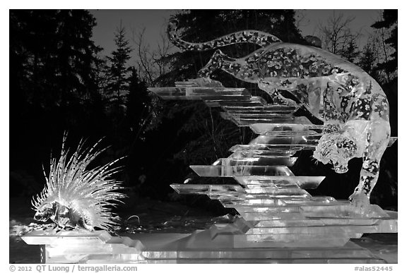 Prize winning multiblock ice sculpture at night, 2012 Ice Alaska. Fairbanks, Alaska, USA (black and white)