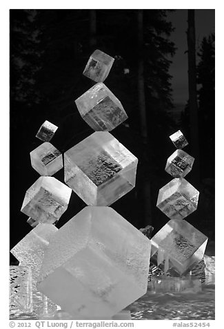 Balancing ice cubes with colored lights, 2012 Ice Alaska. Fairbanks, Alaska, USA (black and white)