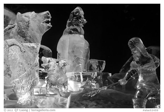 Multicolored Ice sculptures at night, George Horner Ice Park. Fairbanks, Alaska, USA (black and white)