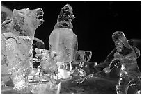 Multicolored Ice sculptures at night, George Horner Ice Park. Fairbanks, Alaska, USA (black and white)