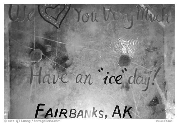Welcome sign in ice, George Horner Ice Park. Fairbanks, Alaska, USA (black and white)