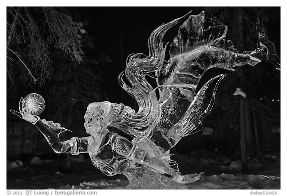 Prize winning single block ice sculpture at night, 2012 Ice Alaska. Fairbanks, Alaska, USA (black and white)