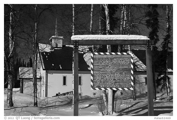 Welcome sign and church. North Pole, Alaska, USA