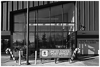 Post office sign with candy stripped canes. North Pole, Alaska, USA (black and white)